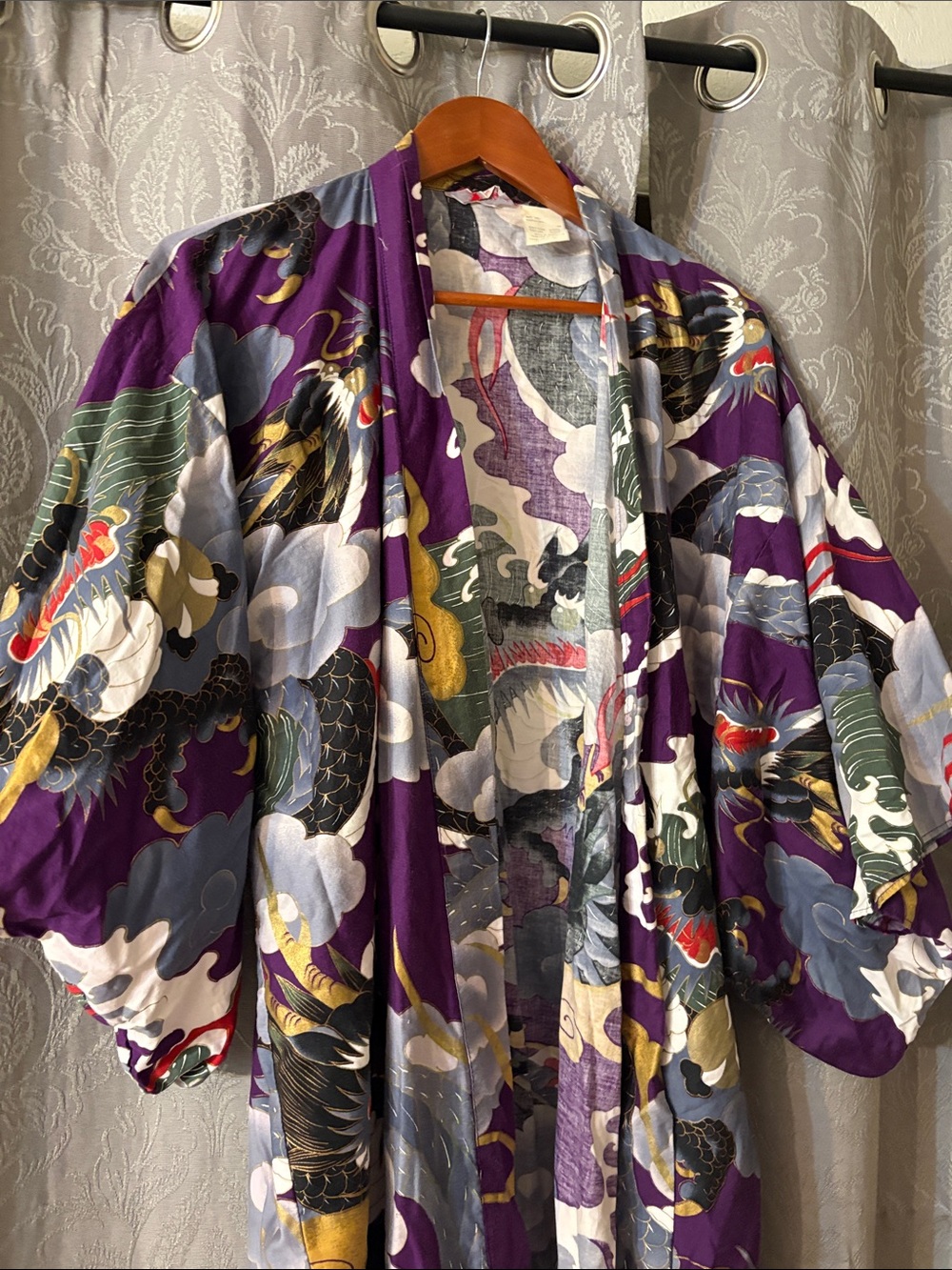 Purple Dragon Print Long Kimono Robe